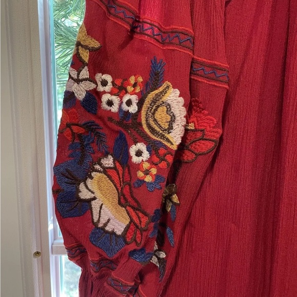 R Vioimos Women XL Red MIDI Floral Embroidery Bohemian Detail Rushed Long Sleeve - Picture 3 of 5